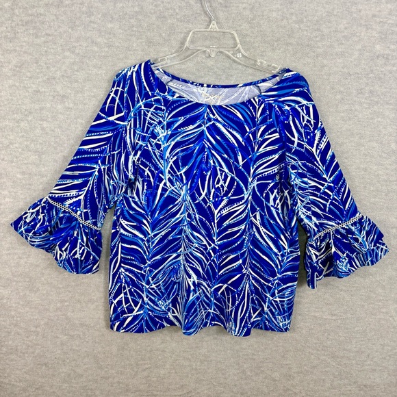 Lilly Pulitzer M Laddie Top Twilight Blue Ruffle Bell Sleeves Stretchy Boat Neck - Picture 5 of 14